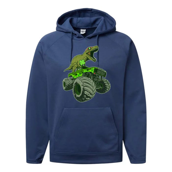 Funny St Patrick's Day Lucky Trex Dinosaur Riding Monster Truck Performance Fleece Hoodie