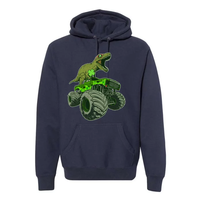 Funny St Patrick's Day Lucky Trex Dinosaur Riding Monster Truck Premium Hoodie