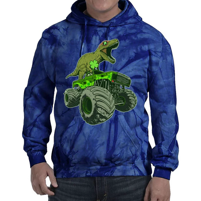 Funny St Patrick's Day Lucky Trex Dinosaur Riding Monster Truck Tie Dye Hoodie