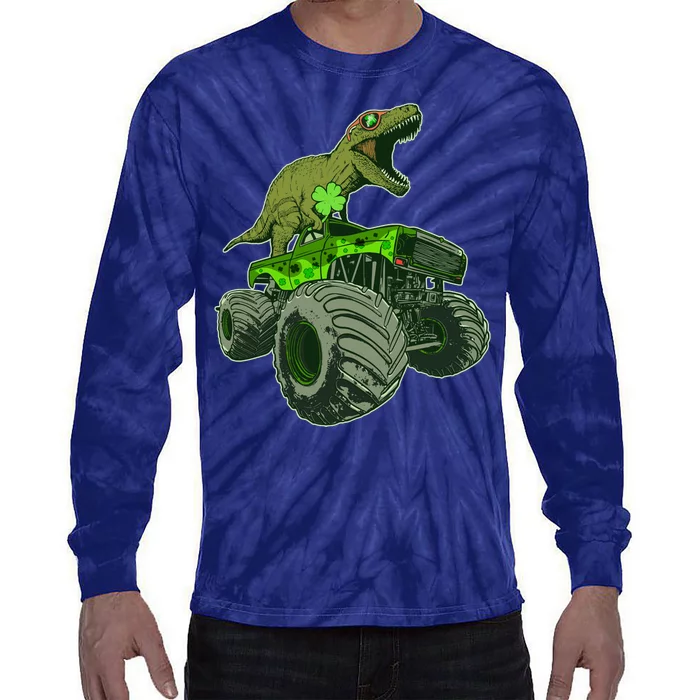 Funny St Patrick's Day Lucky Trex Dinosaur Riding Monster Truck Tie-Dye Long Sleeve Shirt