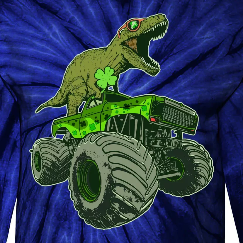 Funny St Patrick's Day Lucky Trex Dinosaur Riding Monster Truck Tie-Dye Long Sleeve Shirt