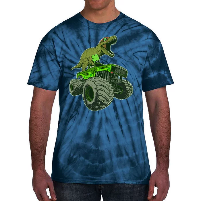 Funny St Patrick's Day Lucky Trex Dinosaur Riding Monster Truck Tie-Dye T-Shirt