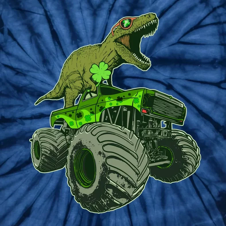 Funny St Patrick's Day Lucky Trex Dinosaur Riding Monster Truck Tie-Dye T-Shirt