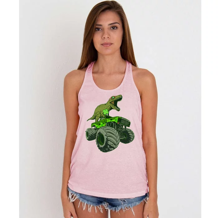 Funny St Patrick's Day Lucky Trex Dinosaur Riding Monster Truck Women's Knotted Racerback Tank