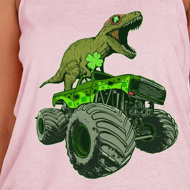 Funny St Patrick's Day Lucky Trex Dinosaur Riding Monster Truck Women's Knotted Racerback Tank