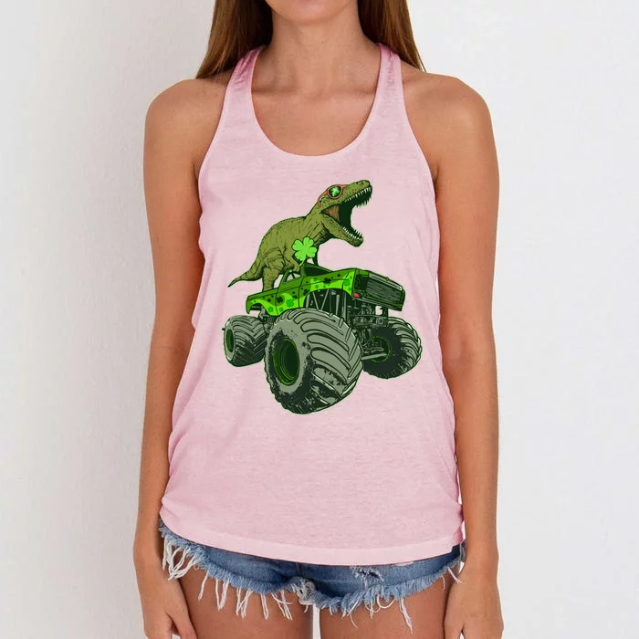 Funny St Patrick's Day Lucky Trex Dinosaur Riding Monster Truck Women's Knotted Racerback Tank