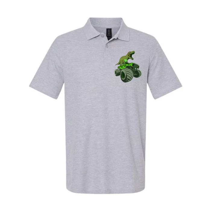 Funny St Patrick's Day Lucky Trex Dinosaur Riding Monster Truck Softstyle Adult Sport Polo