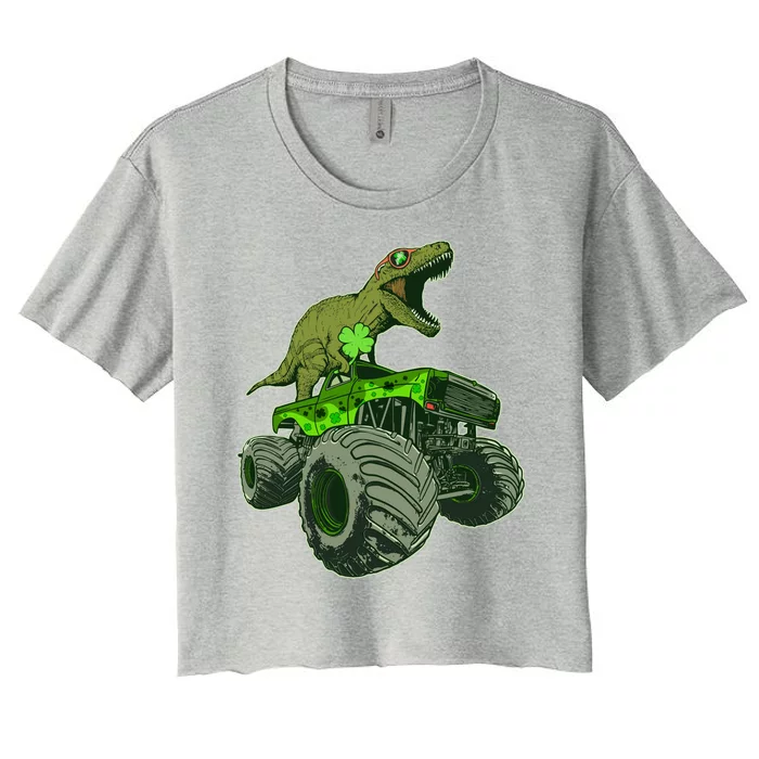 Funny St Patrick's Day Lucky Trex Dinosaur Riding Monster Truck Women's Crop Top Tee