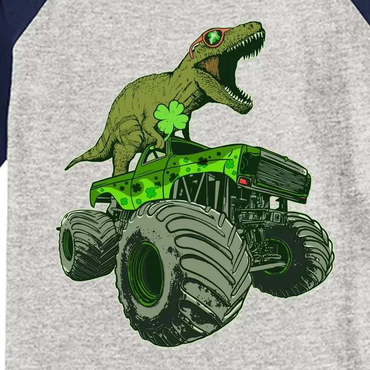 Funny St Patrick's Day Lucky Trex Dinosaur Riding Monster Truck Kids Colorblock Raglan Jersey