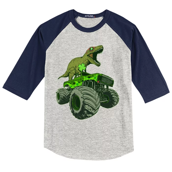 Funny St Patrick's Day Lucky Trex Dinosaur Riding Monster Truck Kids Colorblock Raglan Jersey