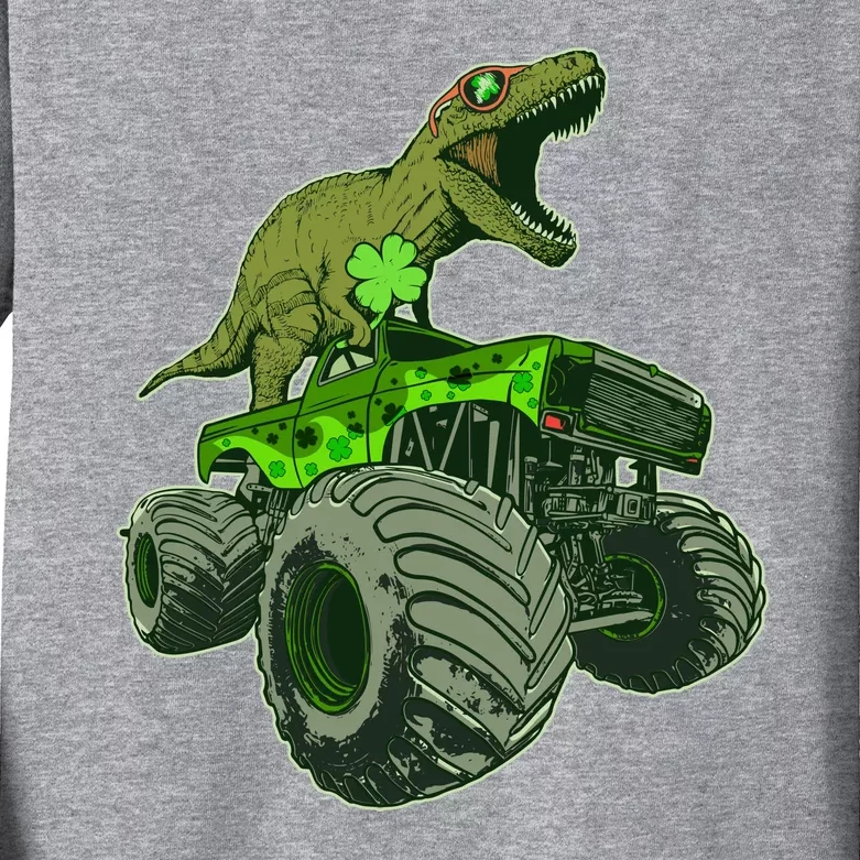 Funny St Patrick's Day Lucky Trex Dinosaur Riding Monster Truck Kids Long Sleeve Shirt