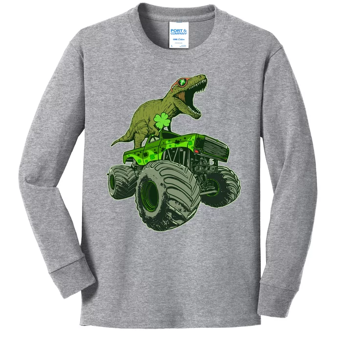 Funny St Patrick's Day Lucky Trex Dinosaur Riding Monster Truck Kids Long Sleeve Shirt