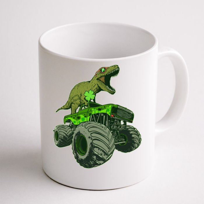 Funny St Patrick's Day Lucky Trex Dinosaur Riding Monster Truck Front & Back Coffee Mug