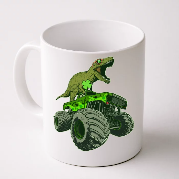 Funny St Patrick's Day Lucky Trex Dinosaur Riding Monster Truck Front & Back Coffee Mug