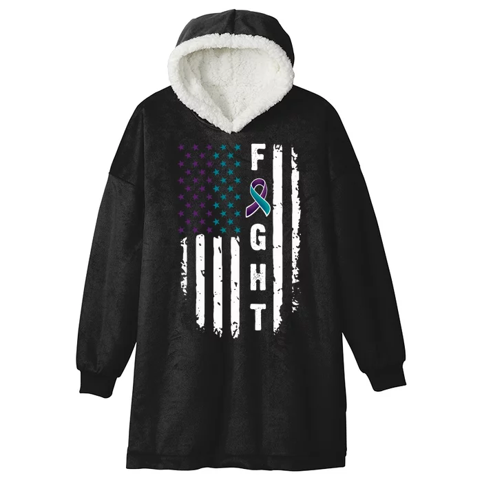 Fight Suicide Prevention Teal Purple Ribbon US Flag Hooded Wearable Blanket