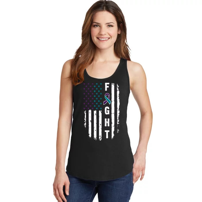 Fight Suicide Prevention Teal Purple Ribbon US Flag Ladies Essential Tank