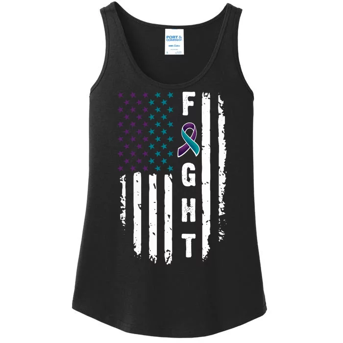 Fight Suicide Prevention Teal Purple Ribbon US Flag Ladies Essential Tank