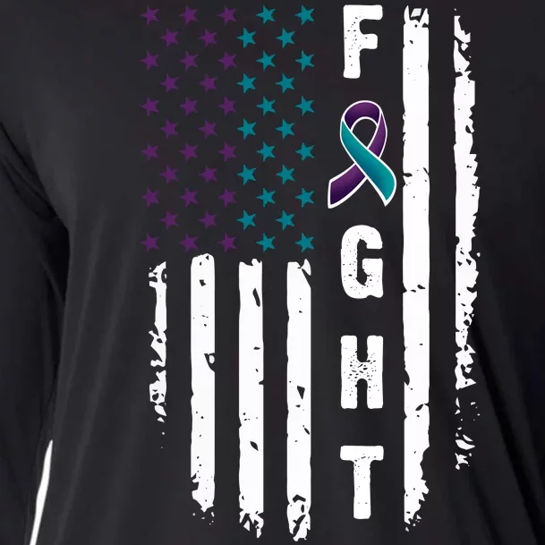 Fight Suicide Prevention Teal Purple Ribbon US Flag Cooling Performance Long Sleeve Crew