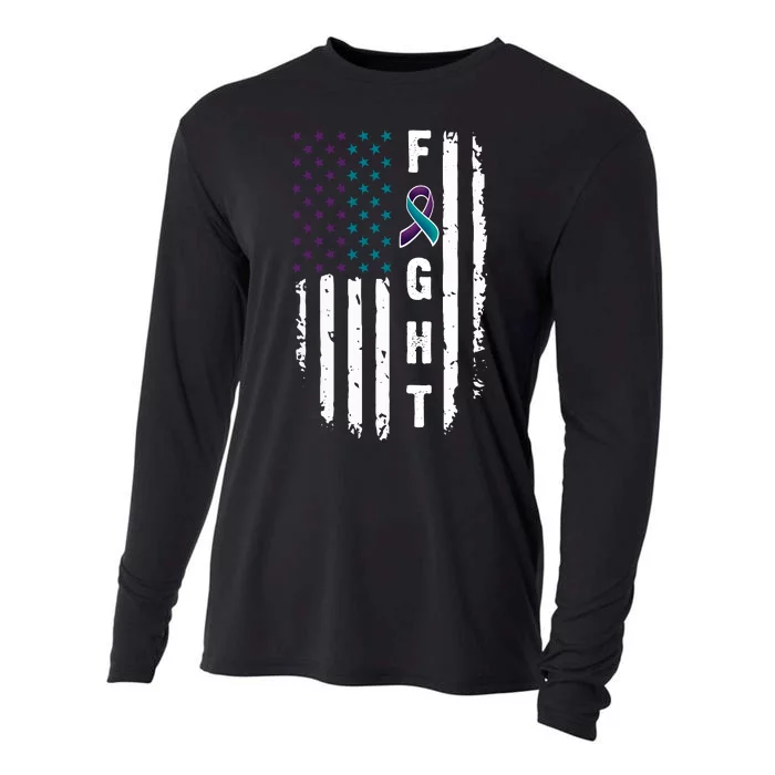 Fight Suicide Prevention Teal Purple Ribbon US Flag Cooling Performance Long Sleeve Crew