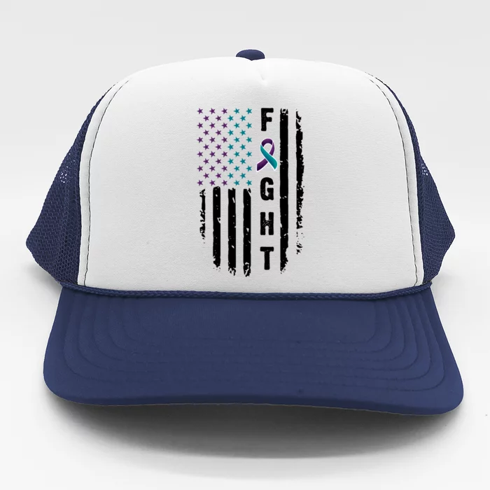 Fight Suicide Prevention Teal Purple Ribbon US Flag Trucker Hat