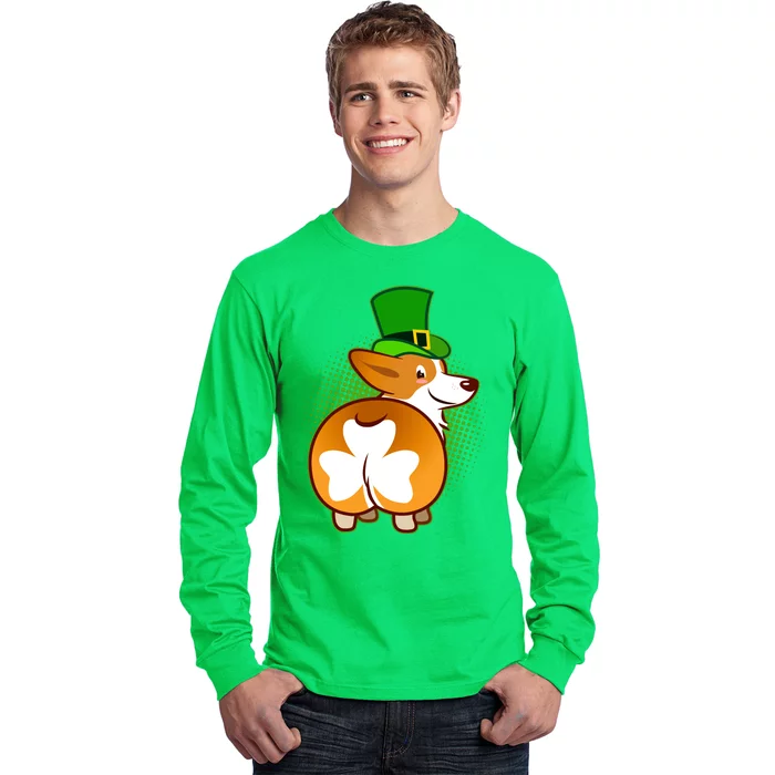 Funny St Patrick's Day Shamrock Corgi Butt Long Sleeve Shirt