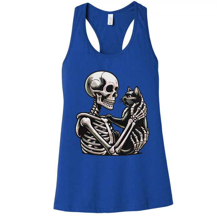 Funny Skeleton Playing With Cat Cute Design Women's Racerback Tank