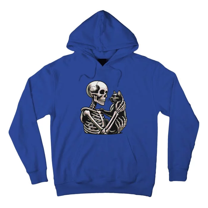 Funny Skeleton Playing With Cat Cute Design Tall Hoodie