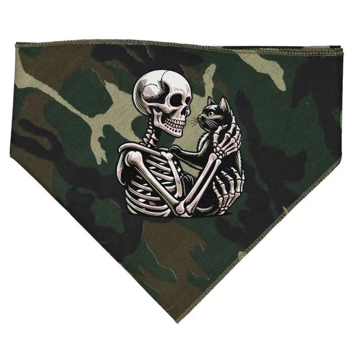 Funny Skeleton Playing With Cat Cute Design USA-Made Doggie Bandana