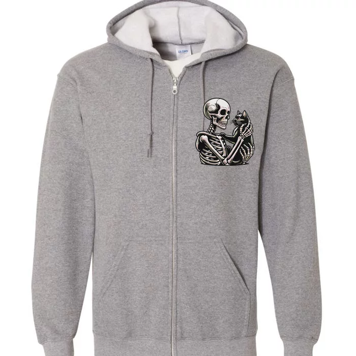 Funny Skeleton Playing With Cat Cute Design Full Zip Hoodie