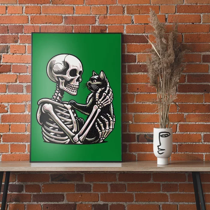 Funny Skeleton Playing With Cat Cute Design Poster