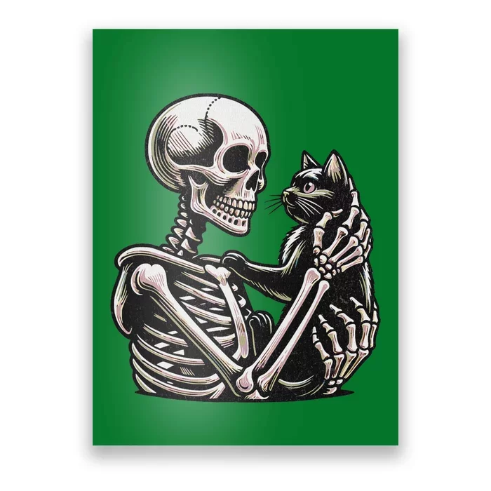 Funny Skeleton Playing With Cat Cute Design Poster