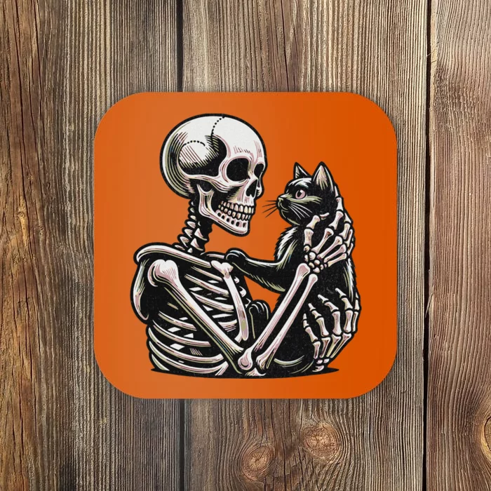 Funny Skeleton Playing With Cat Cute Design Coaster