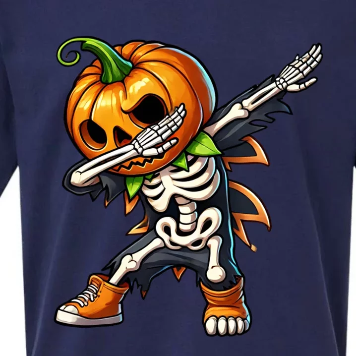 Funny Skeleton Pumpkin Head Dabbing Halloween Gift Sueded Cloud Jersey T-Shirt