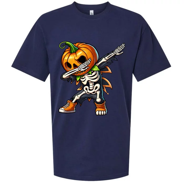 Funny Skeleton Pumpkin Head Dabbing Halloween Gift Sueded Cloud Jersey T-Shirt