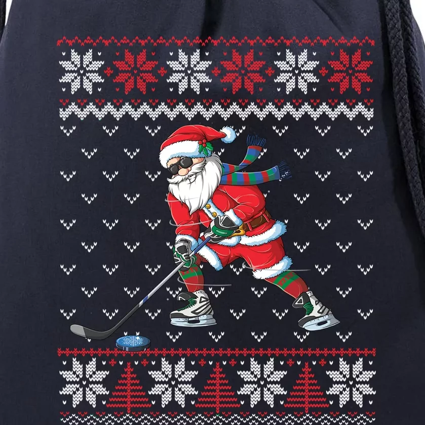 Funny Santa Playing Hockey Christmas Ugly Sweater Gift Drawstring Bag