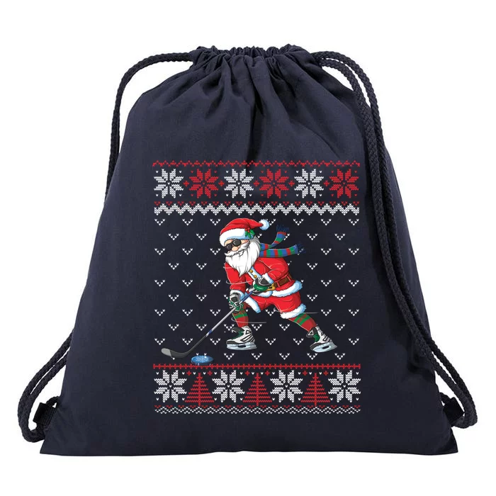 Funny Santa Playing Hockey Christmas Ugly Sweater Gift Drawstring Bag