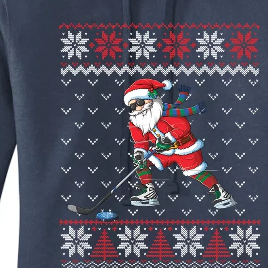 Funny Santa Playing Hockey Christmas Ugly Sweater Gift Women's Pullover Hoodie