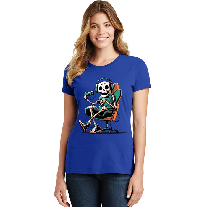 Funny Skeleton Playing Video Games Gaming Gamer Halloween Gift Women's T-Shirt