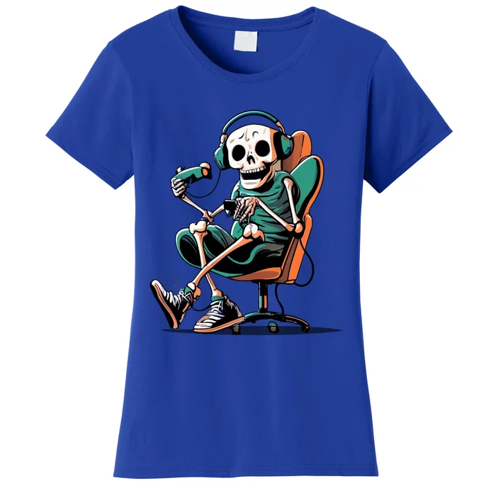 Funny Skeleton Playing Video Games Gaming Gamer Halloween Gift Women's T-Shirt