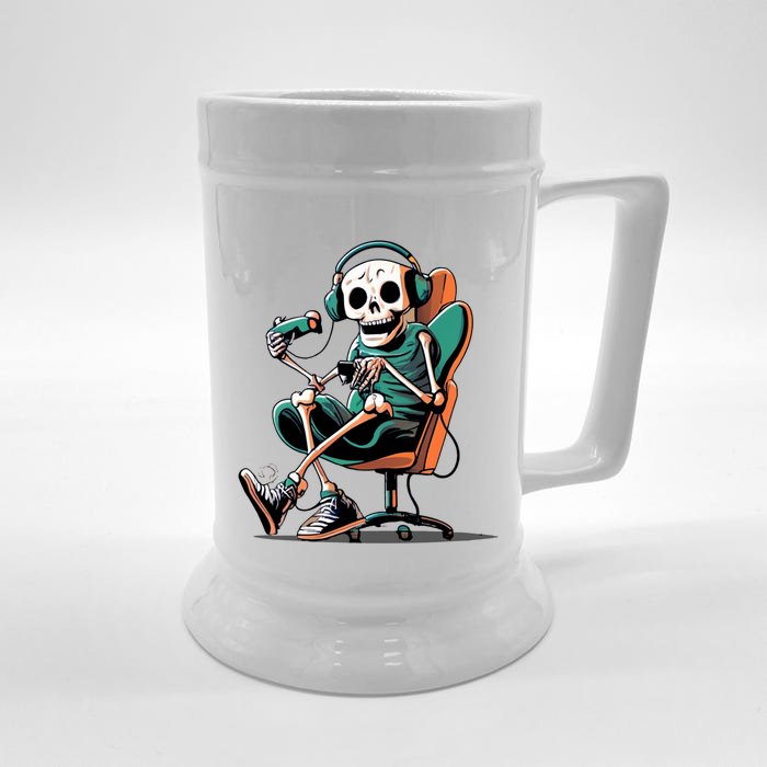 Funny Skeleton Playing Video Games Gaming Gamer Halloween Gift Front & Back Beer Stein