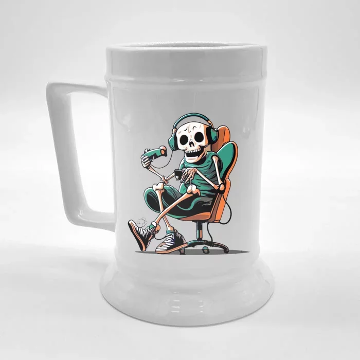 Funny Skeleton Playing Video Games Gaming Gamer Halloween Gift Front & Back Beer Stein