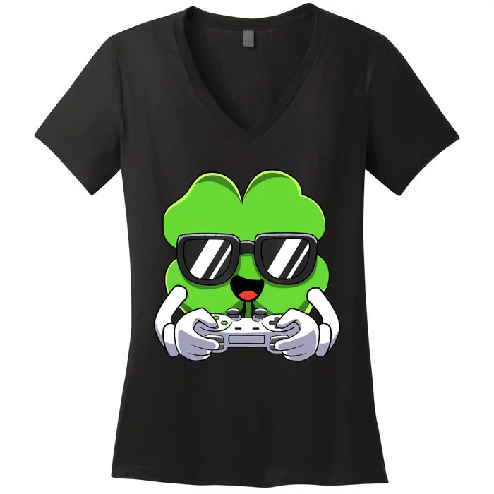 Funny St Patricks Day Shamrock Gaming Gamer Women's V-Neck T-Shirt