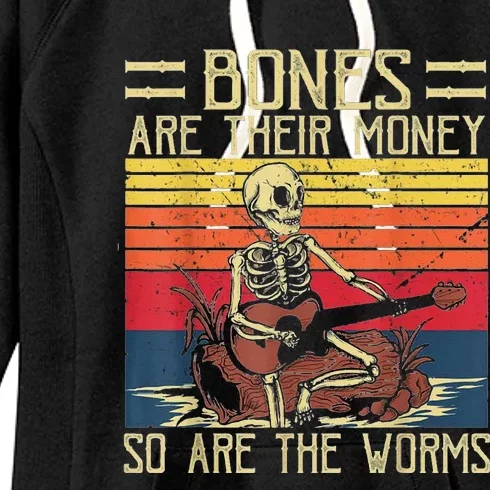 Funny Skeleton Playing Guitar Retro Bones Are Their Money Women's Fleece Hoodie