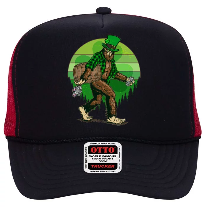 Funny St Patrick's Day Leprechaun Sasquatch With Beer High Crown Mesh Trucker Hat