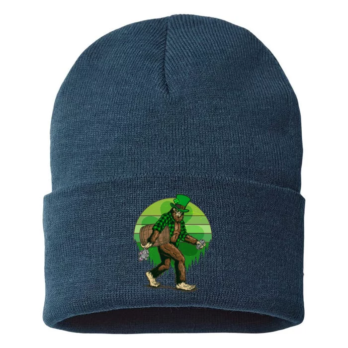 Funny St Patrick's Day Leprechaun Sasquatch With Beer Sustainable Knit Beanie