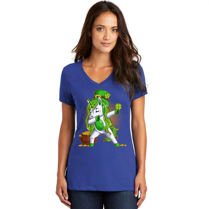 Funny St Patricks Dabbing Leprechaun Unicorn Women's V-Neck T-Shirt