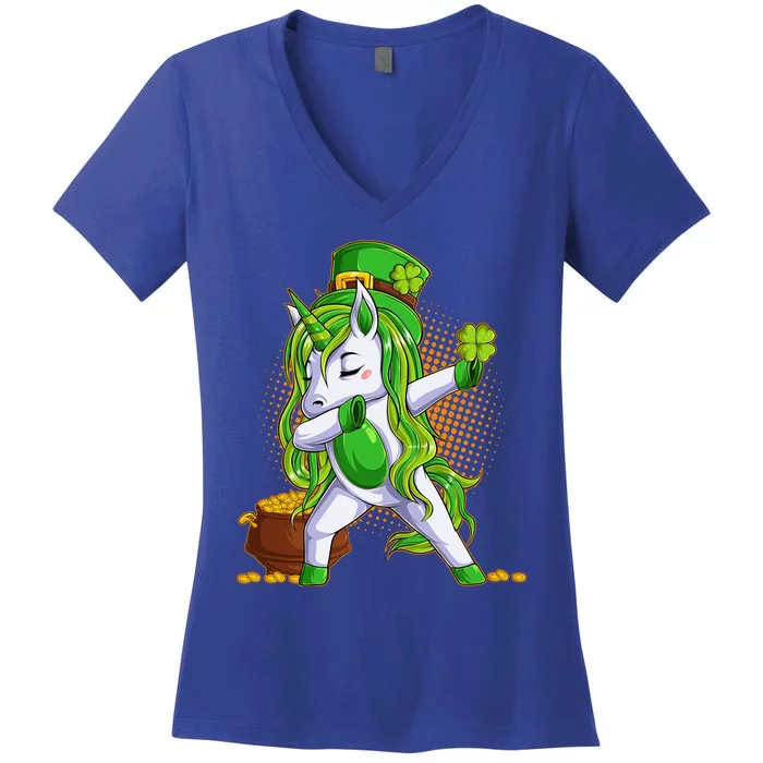 Funny St Patricks Dabbing Leprechaun Unicorn Women's V-Neck T-Shirt