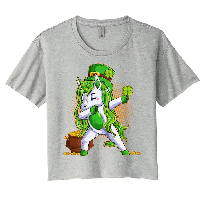 Funny St Patricks Dabbing Leprechaun Unicorn Women's Crop Top Tee