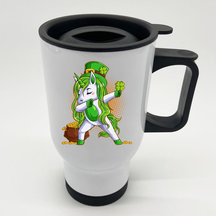 Funny St Patricks Dabbing Leprechaun Unicorn Front & Back Stainless Steel Travel Mug