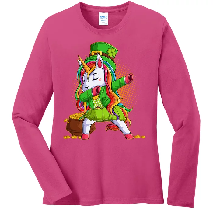 Funny St Patricks Dabbing Leprechaun Rainbow Unicorn Ladies Long Sleeve Shirt